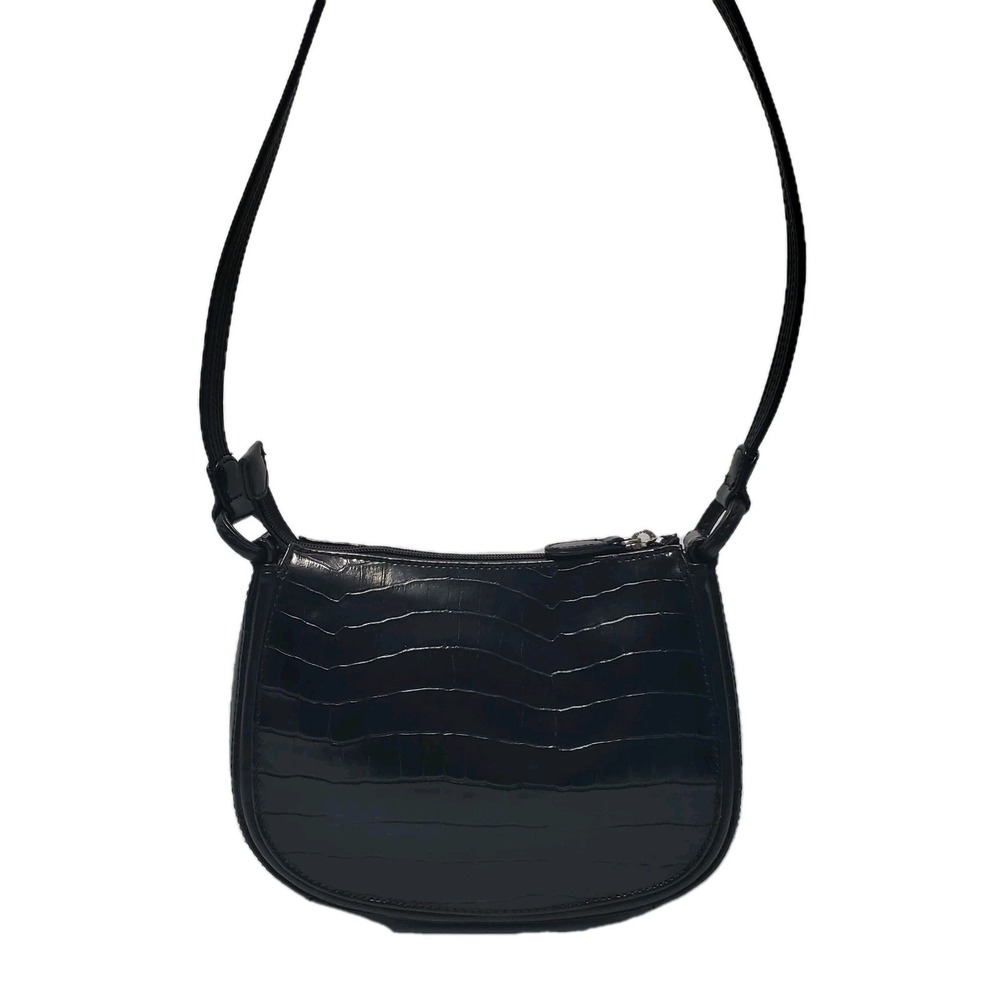 Vintage Black Croc Embossed Leather Shoulder Bag Crescent Saddle Handbag Y2K 90s